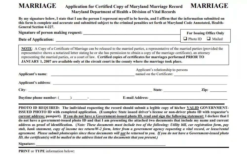 Screenshot of the application form for copies of marriage records from Maryland Department of Health, showing a short declaration of integrity, a note regarding the certificate release, a reminder regarding the ID photo that is needed, and fields for signatory, date of application, applicant's name, relationship to the people on record, address, and contact information.