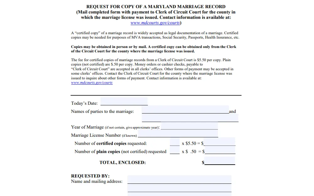 Screenshot of the request form for the copy of marriage record, provided by the Washington County Circuit Court Clerk's Office, requiring the request date, names of both parties, year of marriage, license number, number of copies being requested, and requestor's information, along with a note regarding the validity of the certified copy, how to obtain it, and the fees associated.