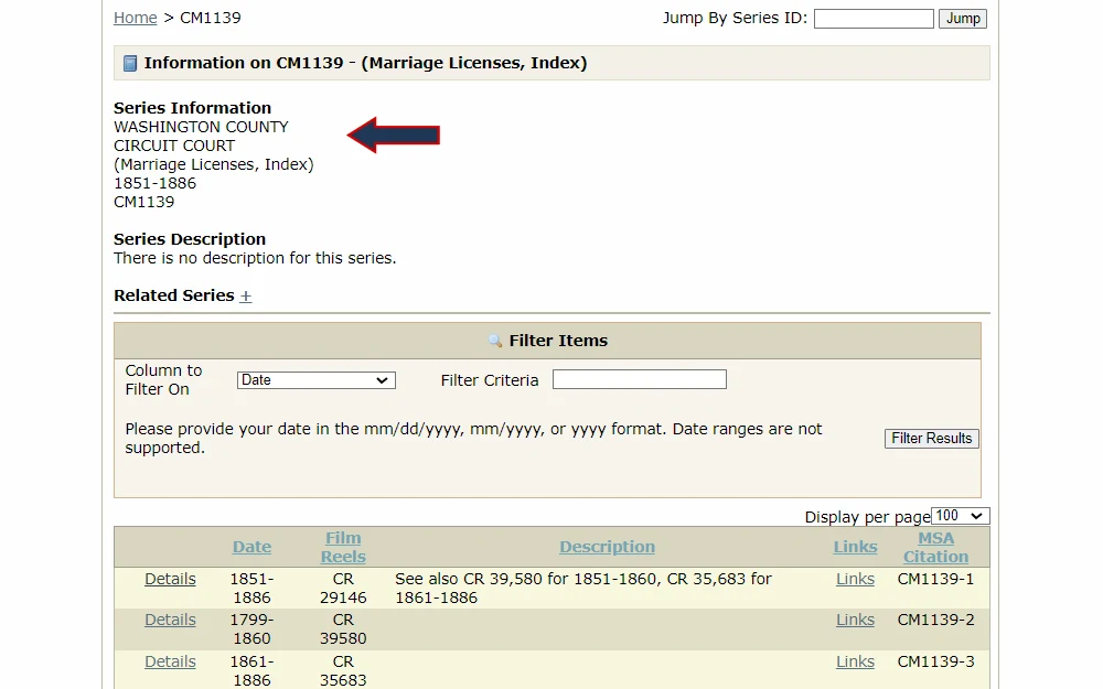 Screenshot of an archived index of marriage licenses in Washington County from the state archives of Maryland, displaying the name of county, type of index record, year range, citation number, and the list of files available to view online.