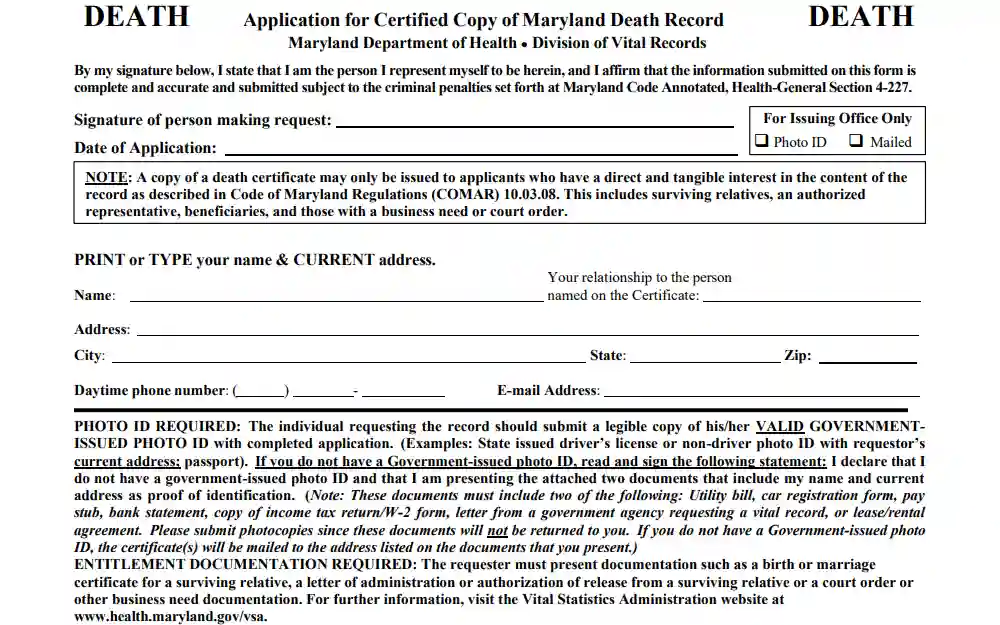 A screenshot of the certified death record copy request form from the Division of Vital Records of Maryland Department of Health displays instructional and reminder texts about issuance eligibility and requirements, with fields for the requestor's signature, date of application, name, relationship to the deceased, address, and contact information.