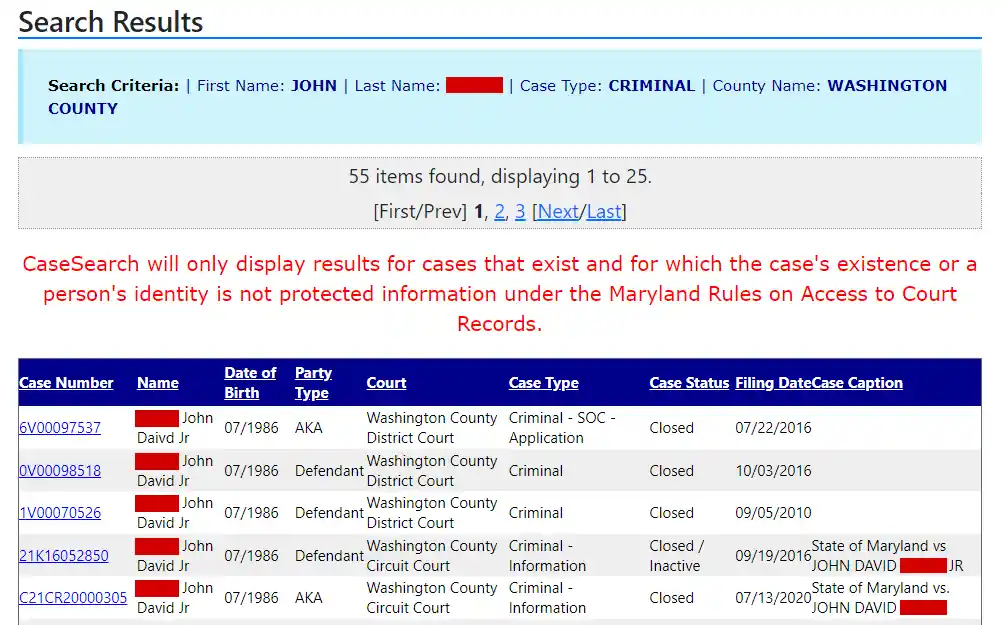 A screenshot of case search results from the Maryland Judiciary showing case numbers, names, dates of birth, party types, courts, case types, statuses, filing dates, and case captions.