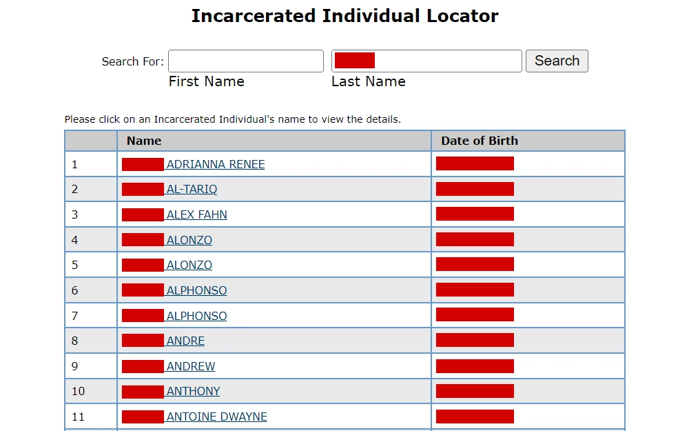 A screenshot of the search results from the inmate locator tool provided by the Maryland Department of Public Safety and Correctional Services lists the individuals' names and dates of birth.