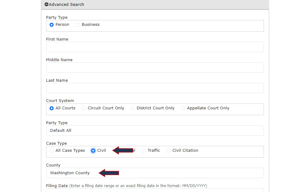 A screenshot of the advanced search option from the Maryland Judiciary Case Search shows input fields for first, middle, and last names, options for party type, court system, case type, and county, and digitally overlaid arrows emphasizing the civil case type and Washington County.