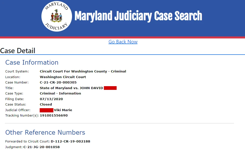 A screenshot from the Maryland Judiciary Case Search service displays a court case detail, including the court system, location, case number, title, case type, filing date, case status, judicial officer, tracking number, and other reference numbers.