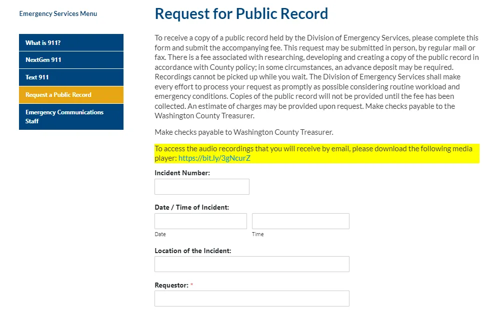 A screenshot of the public record online request form from the Division of Emergency Services of Washington County displays an instructional text about the form submission, fees, and process, followed by the fields for incident number, date and time of incident, location, and name of requestor.