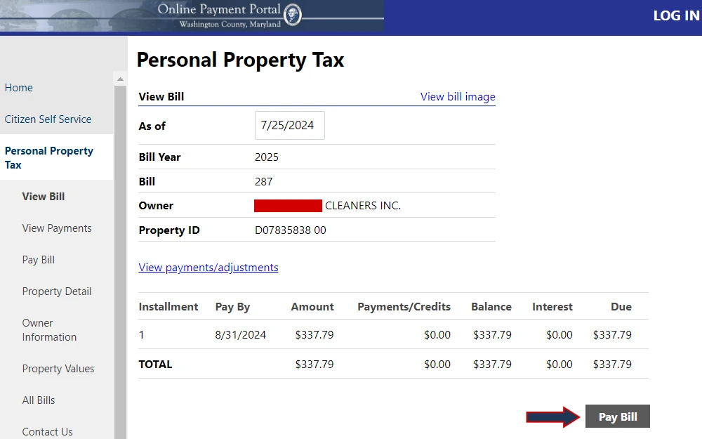 A screenshot from the online payment portal provided by Washington County, Maryland, shows personal property tax bill information with an arrow highlighting the payment button.